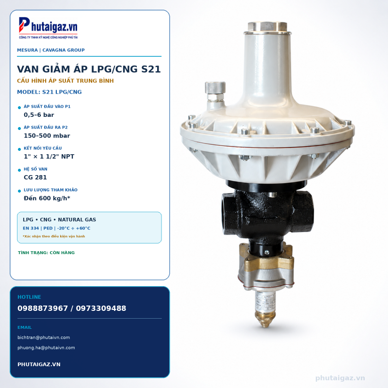 Van giảm áp cấp 2 LPG model S21 LPG/CNG, P1max 6bar, P2max 500mbar, connect 1”-1 1/2” NPT