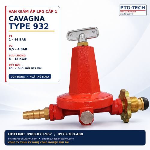 Van giảm áp cấp 1 LPG model 932, P1max 16bar, P2max 4bar. connect POL/ OD13mm
