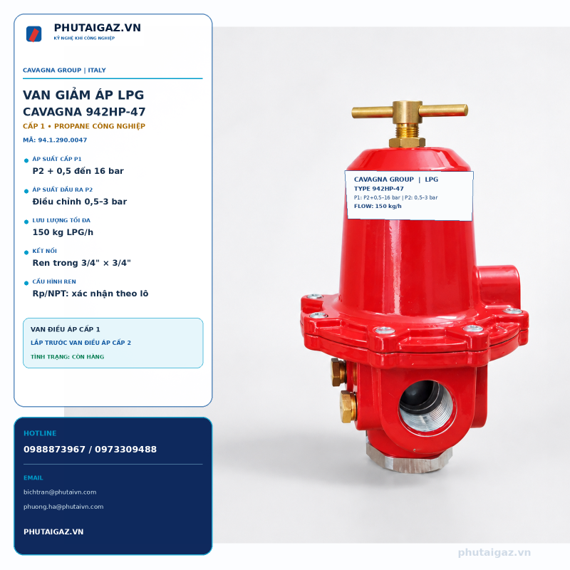 Van giảm áp cấp 1 LPG model 942HP-47, P1max 16bar, P2max 3bar, connect 3/4