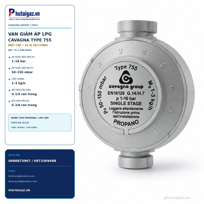 Van giảm áp cấp 2 LPG model 755, P1max 3,9bar, P2max 500mbar, connect 1/4